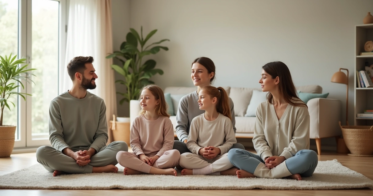 Família sentada no tapete da sala praticando mindfulness com crianças pequenas 