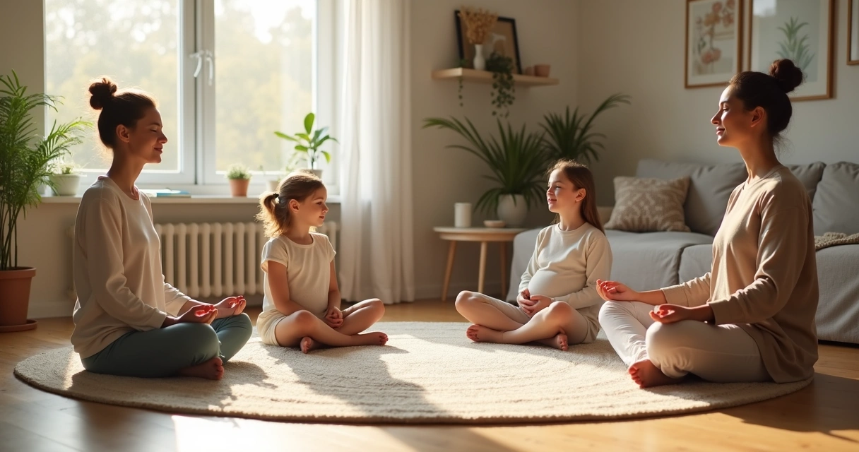 Família sentada em círculo praticando mindfulness na sala de casa 