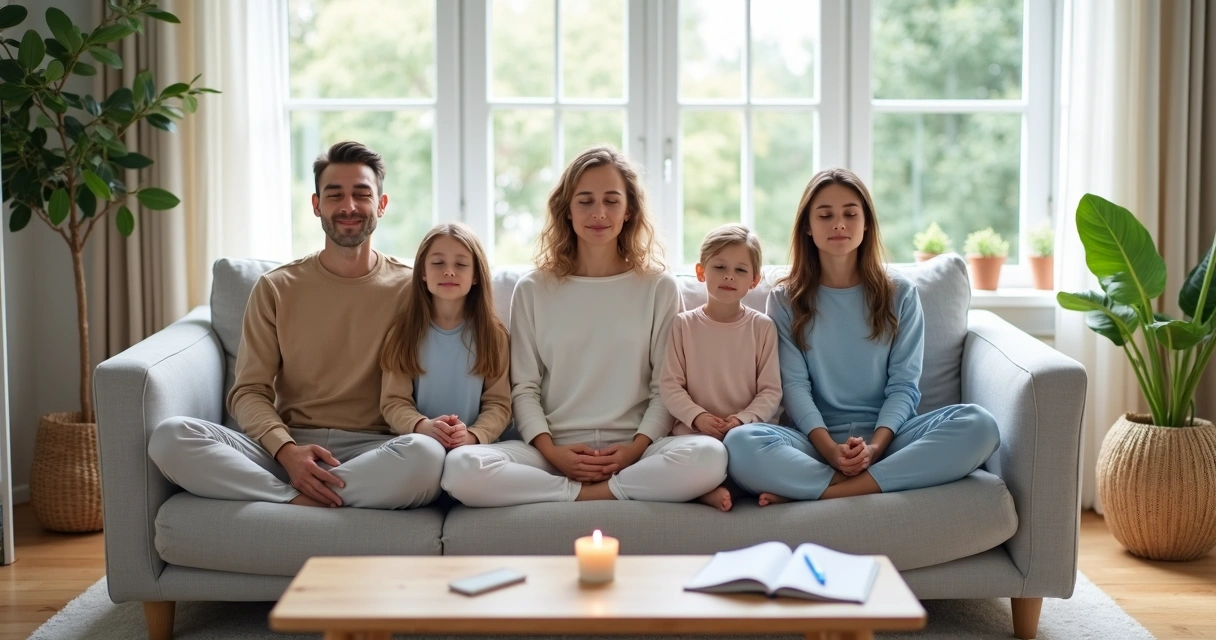 Família sentada no sofá praticando mindfulness em casa 