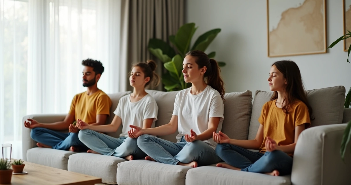 Família sentada no sofá praticando mindfulness em silêncio 