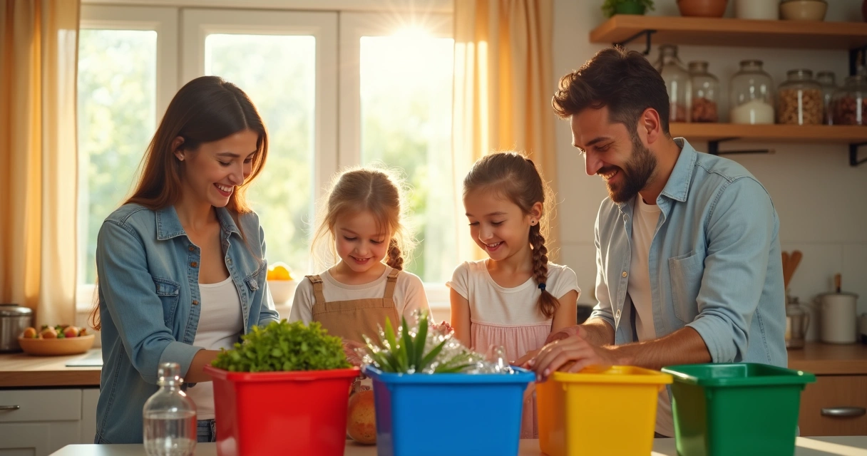 Família separando lixo reciclável na cozinha de casa 