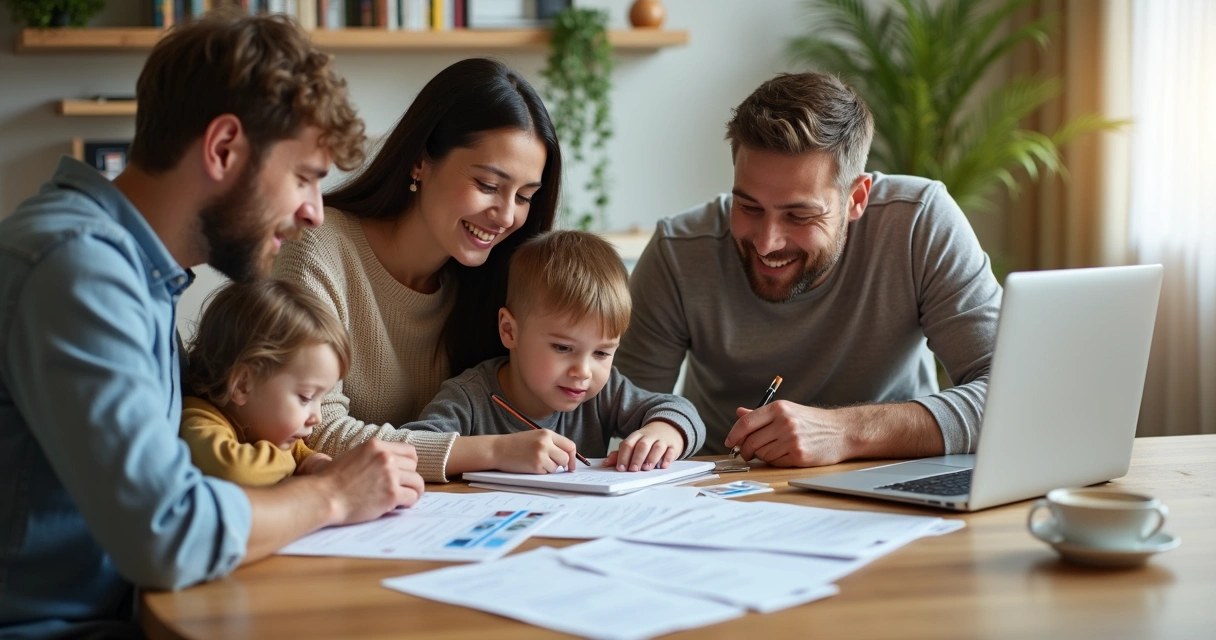 Família sentada à mesa preenchendo formulário de adesão a plano de saúde com documentos necessários ao lado 