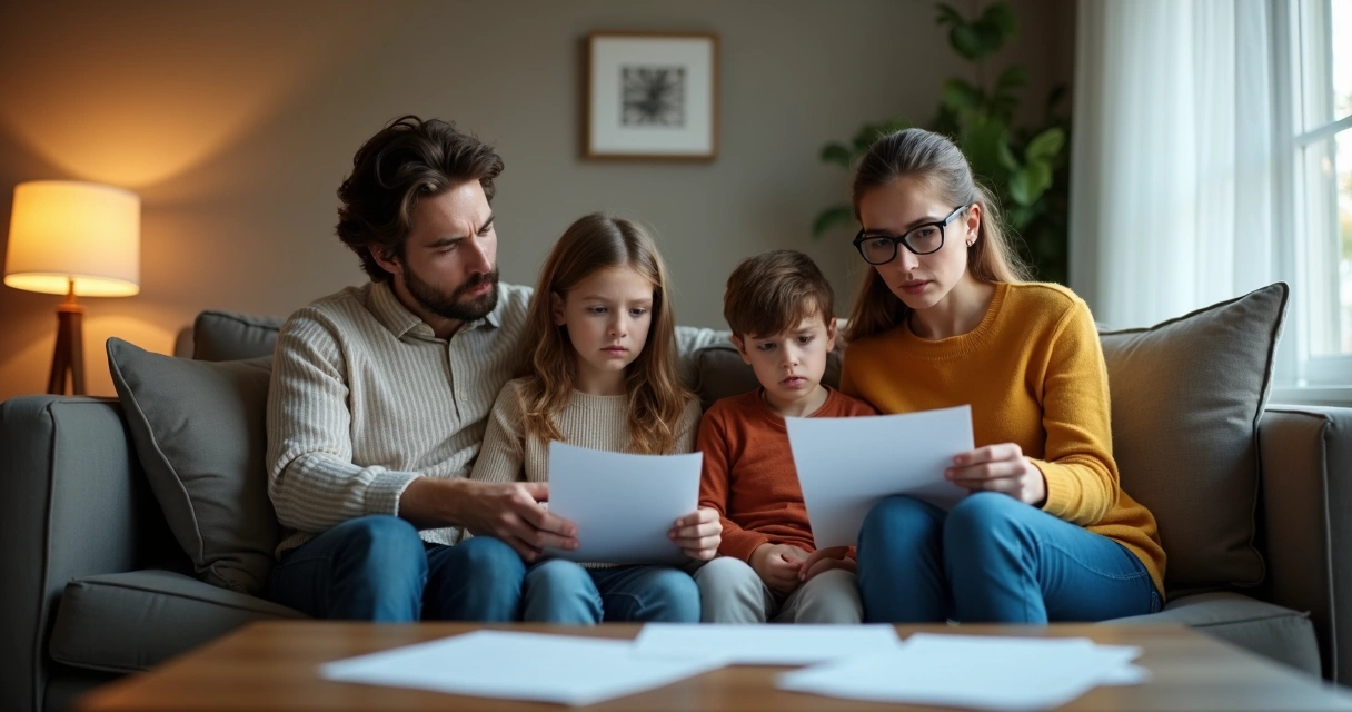 Família sentada no sofá parecendo preocupada com papéis nas mãos 