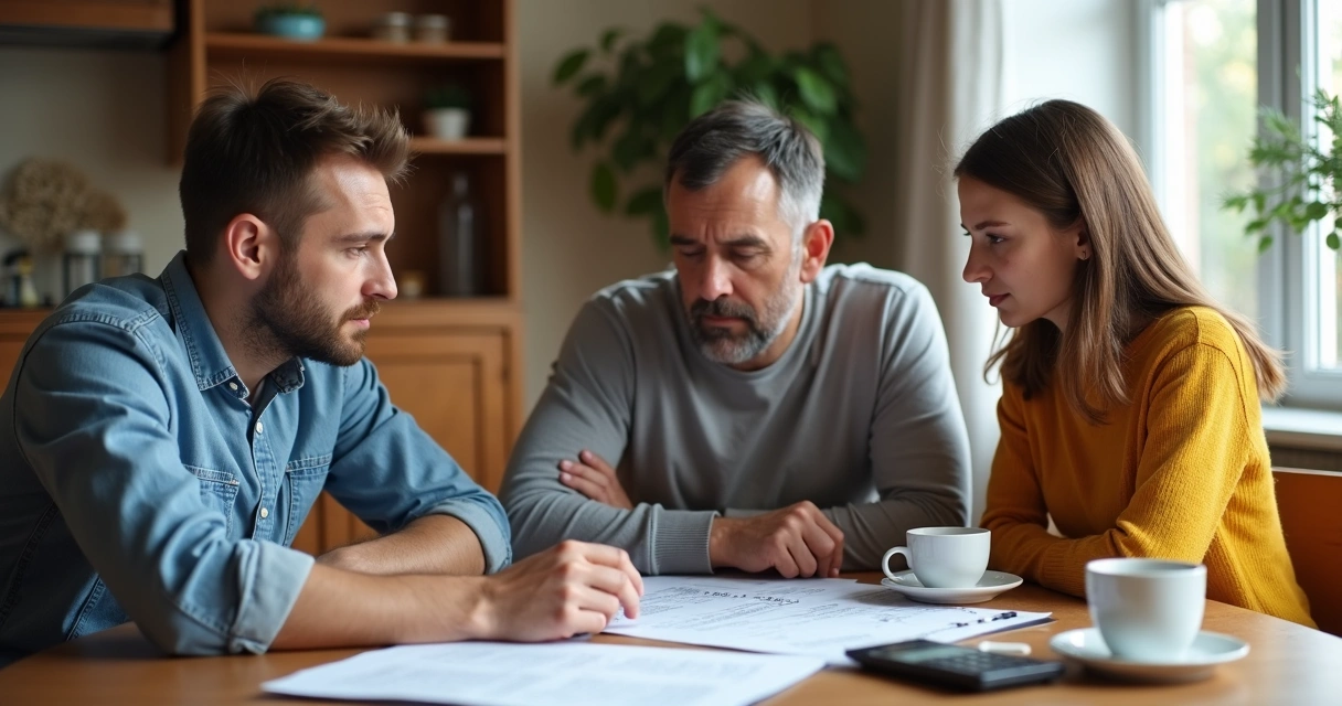 Família reunida à mesa analisando documentos imobiliários