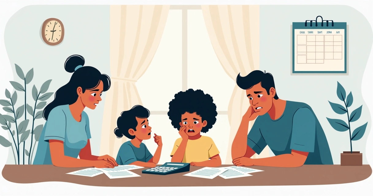 Família preocupada ao redor da mesa olhando contas 