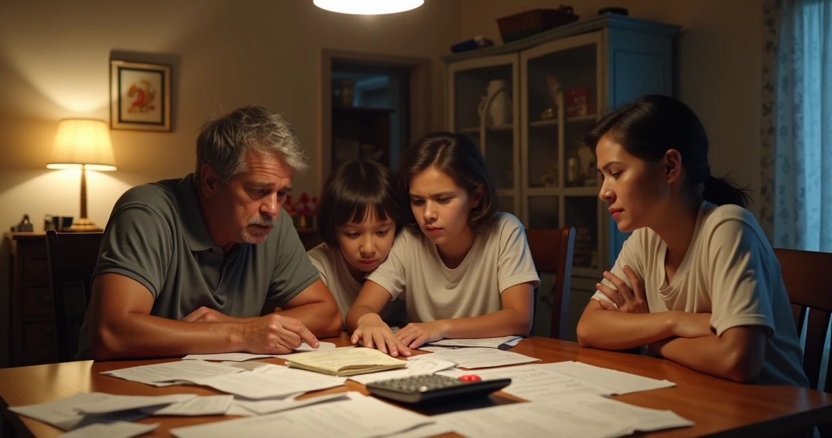 Família brasileira sentada à mesa analisando contas com semblante preocupado 