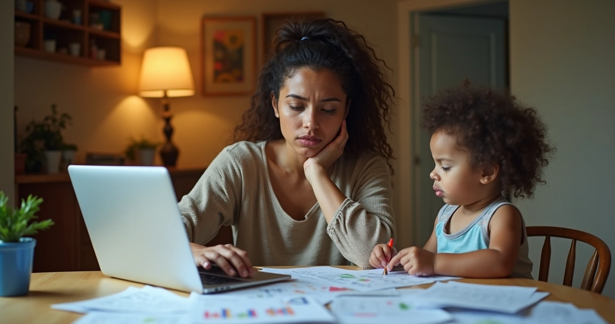 Família preocupada rodeada de contas e planilhas 