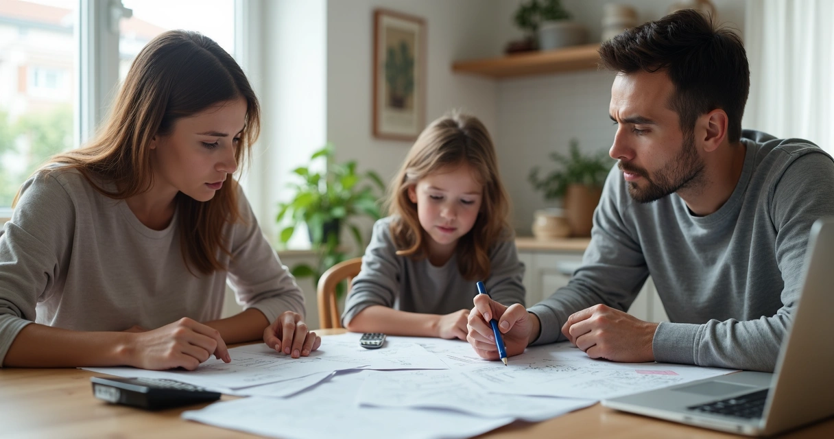 Família sentada à mesa analisando documentos com expressão preocupada 