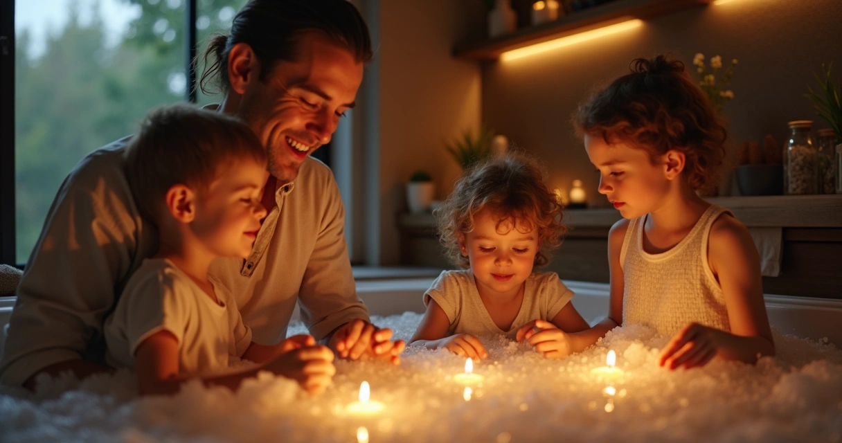 Família preparando banho energético juntos usando ervas e velas 