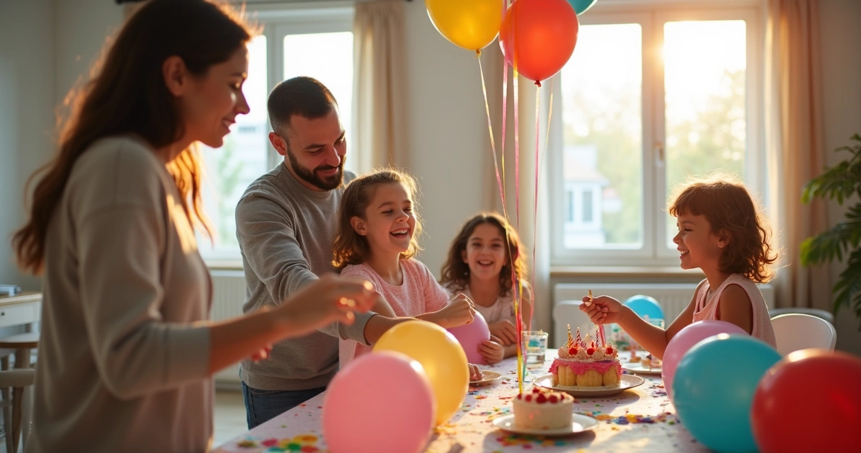 Família preparando decoração de festa infantil em casa 
