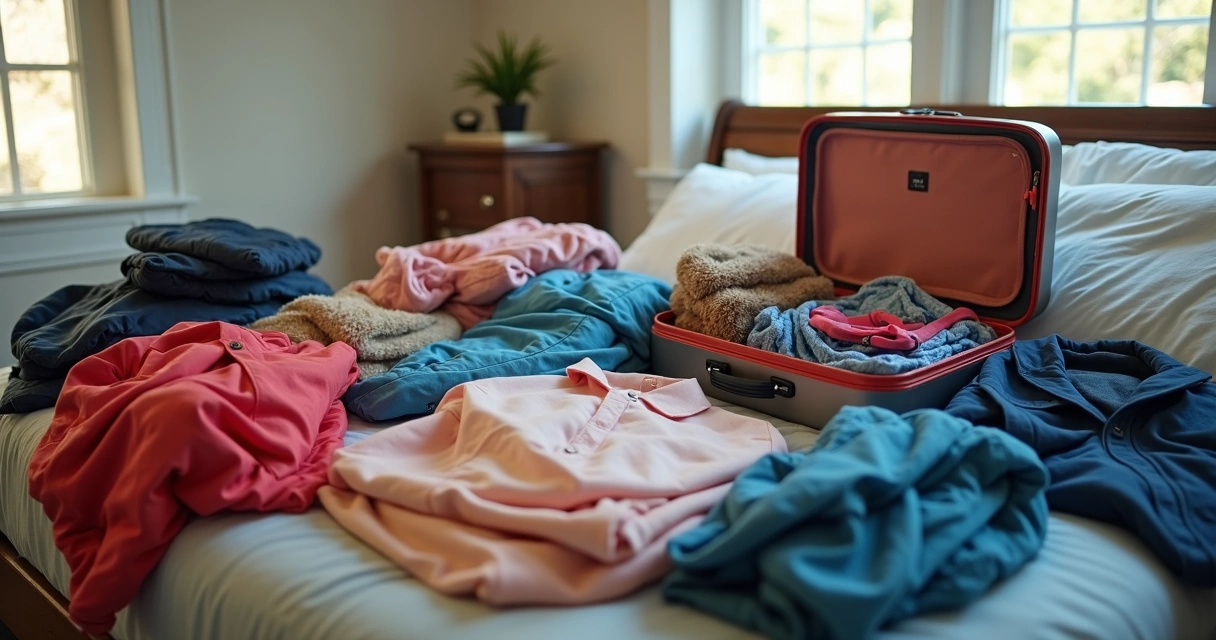 Família arrumando mala para viagem, com roupas variadas espalhadas 