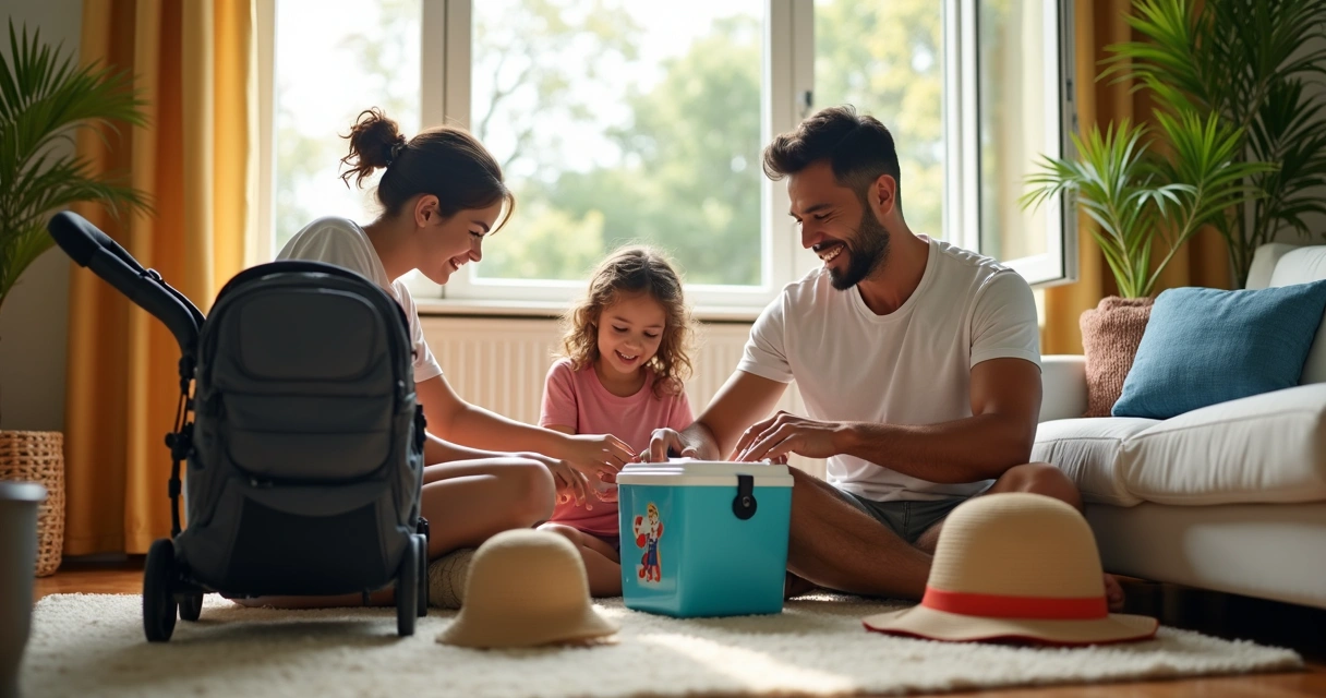 Família organizando mochila para parque da Disney