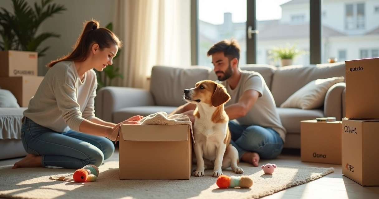 Família organizando mudança com cachorro em sala cheia de caixas 