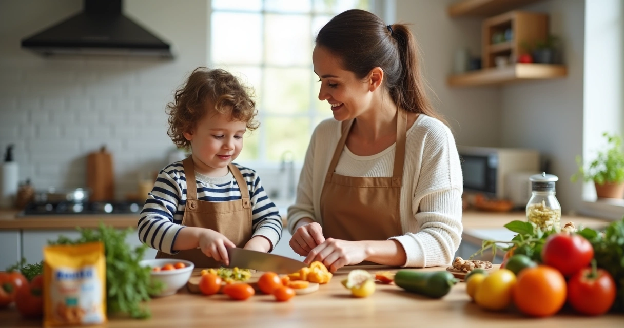 Família preparando refeição segura para criança alérgica 