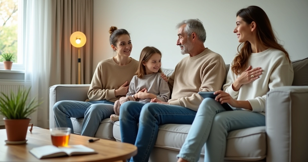 Família sentada no sofá praticando presença consciente em sala iluminada 