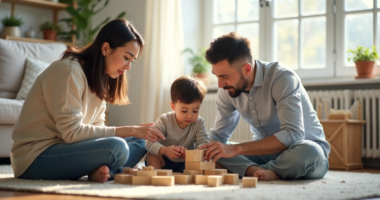 Pais sentados no chão brincando com criança em sala iluminada. 