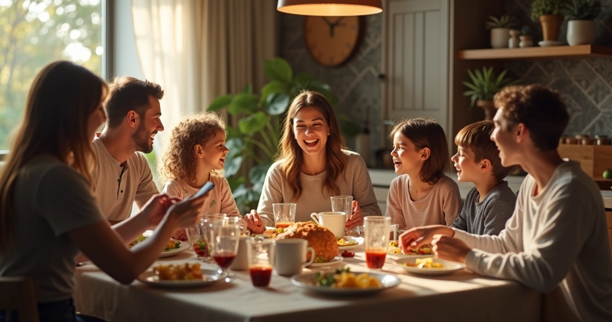 Família ao redor da mesa de jantar, sorrindo, conversando sem celulares à vista 