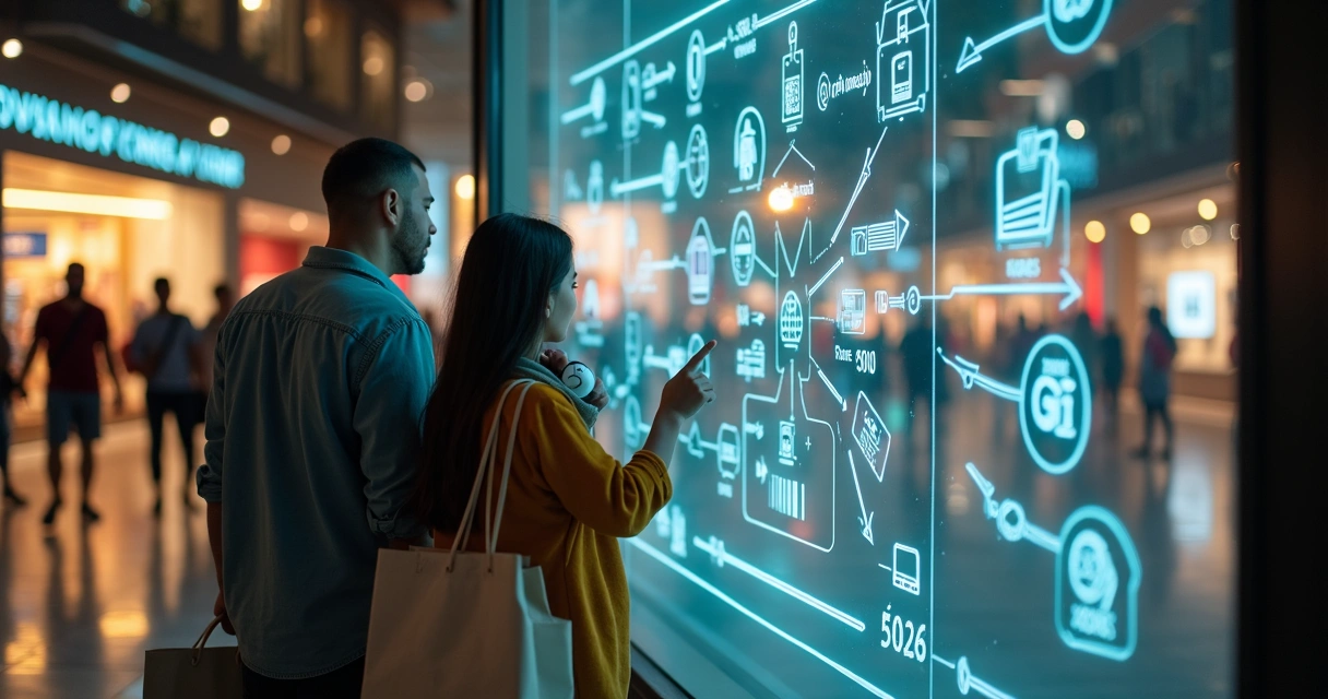 Família brasileira olhando vitrine digital com compras do futuro 