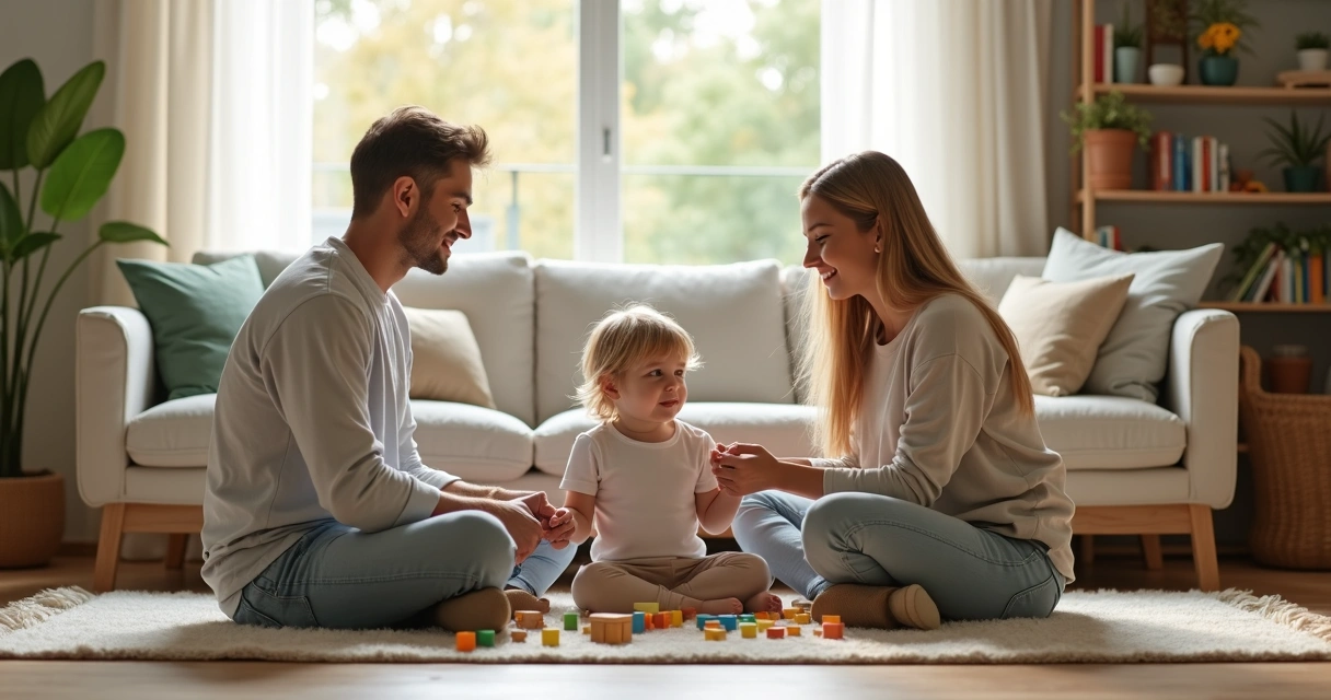 Pais e criança pequena brincando calmamente na sala de estar 
