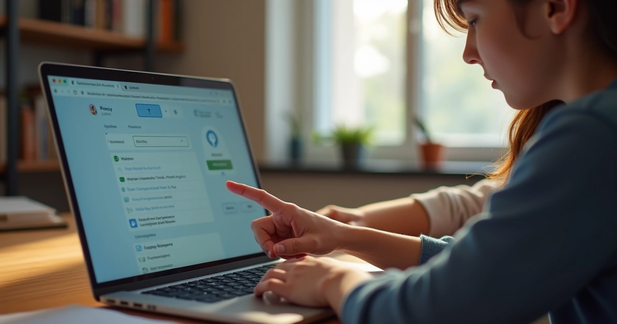 Responsável e estudante revisando configurações de privacidade no notebook 