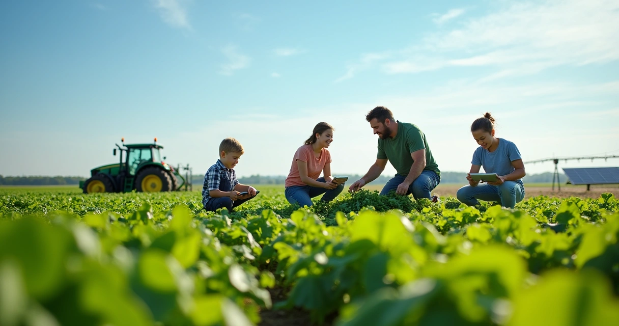 Família rural colhendo hortaliças no campo