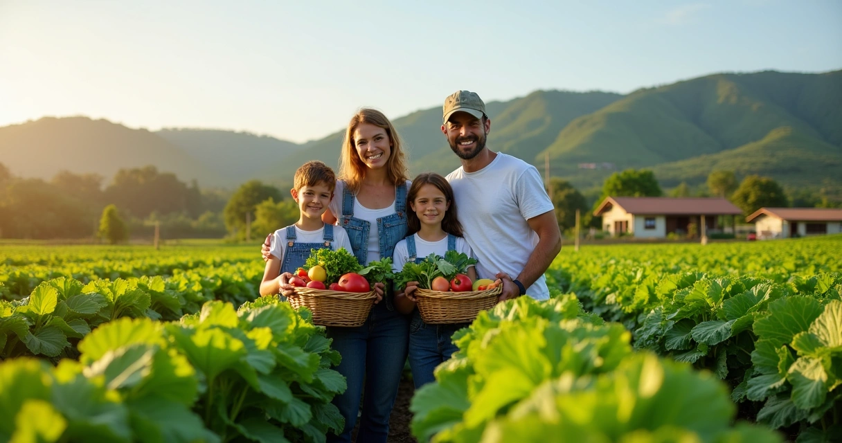 Família de agricultores sorrindo em campo de alimentos orgânicos 