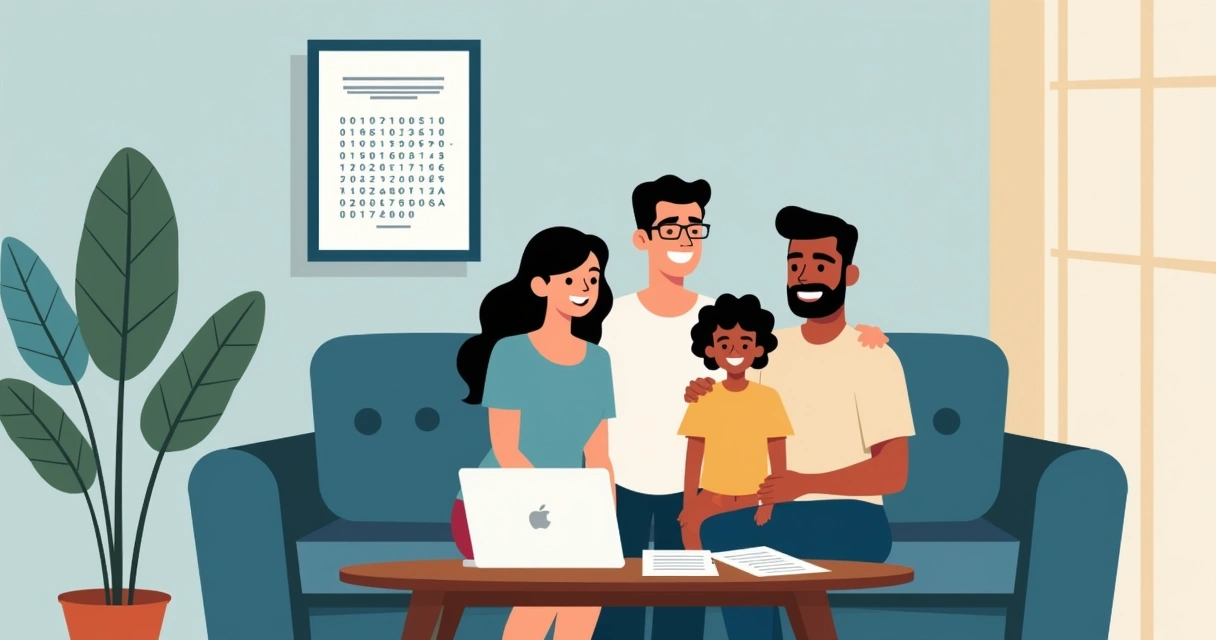 Família de programador reunida no sofá, sorrindo e com papéis de seguro 