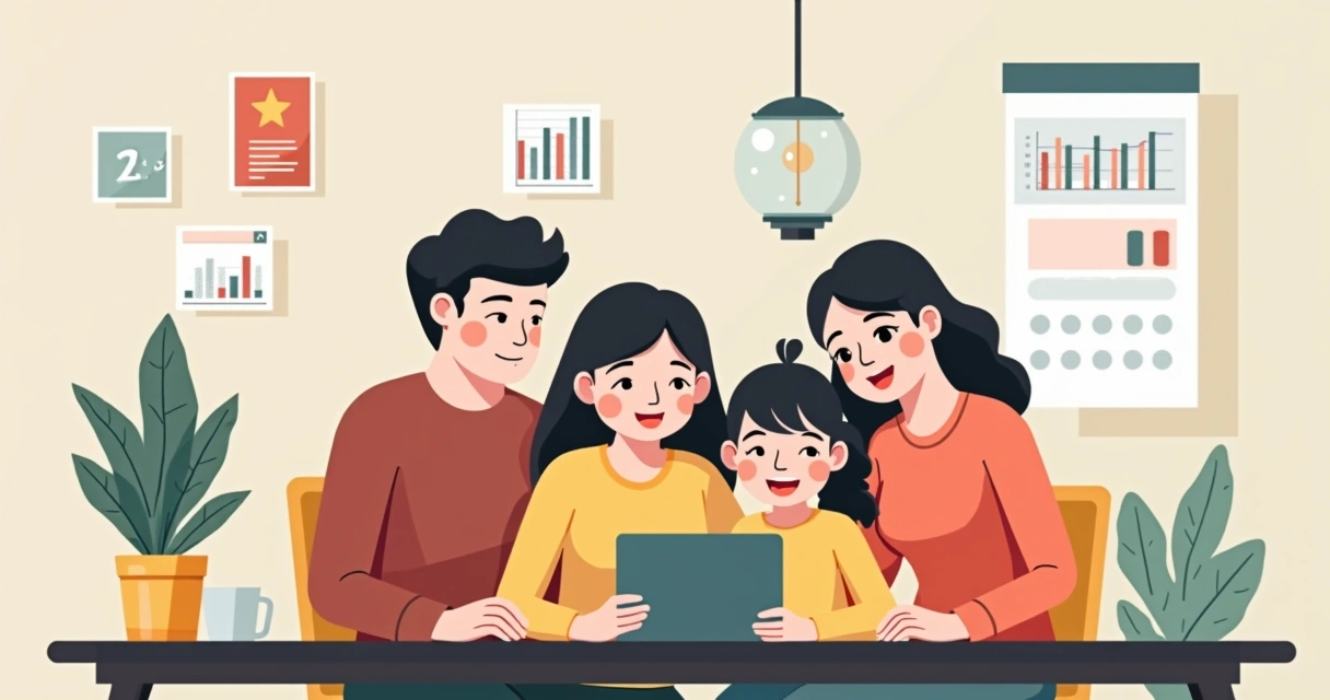 Família sentada em mesa planejando investimento mensal com tablet 