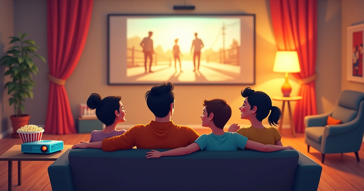 Família assistindo projeção de filme antigo na parede 