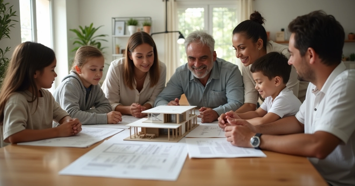 Família reunida em torno de mesa com papéis e maquete de casa 