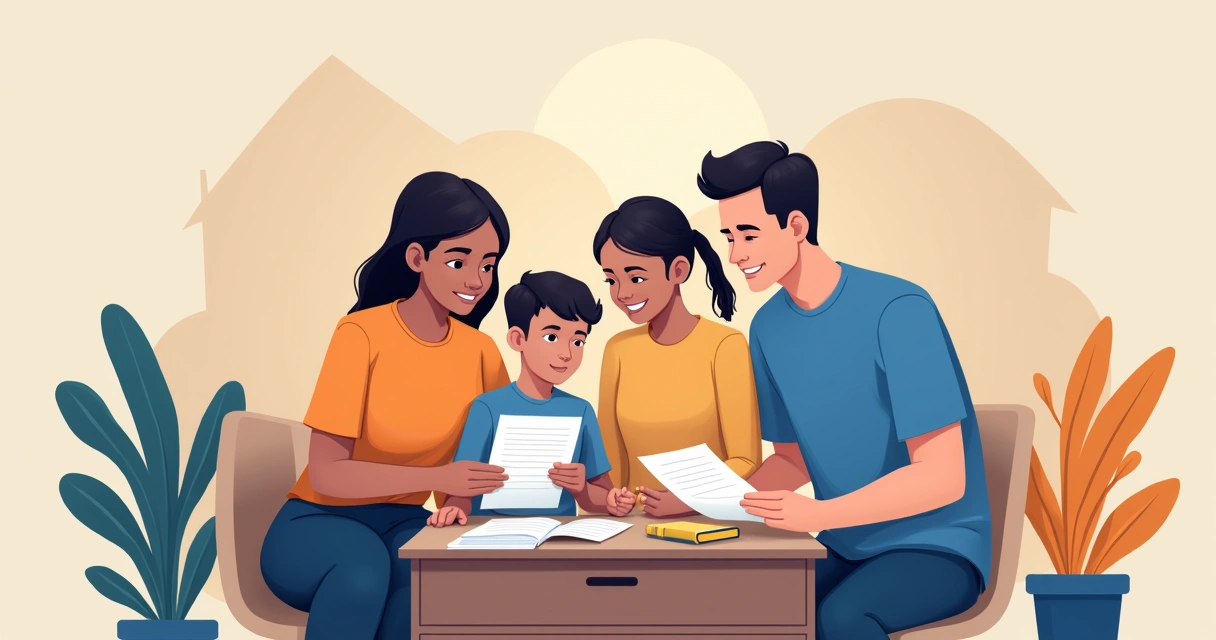 Família ao redor de documentos de seguro e previdência, mostrando união e proteção financeira 