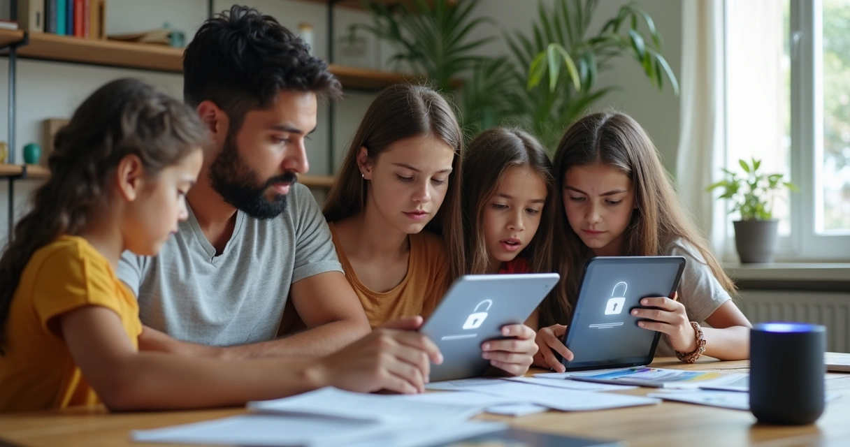 Família preocupada com proteção de dados digitais em casa conectada 