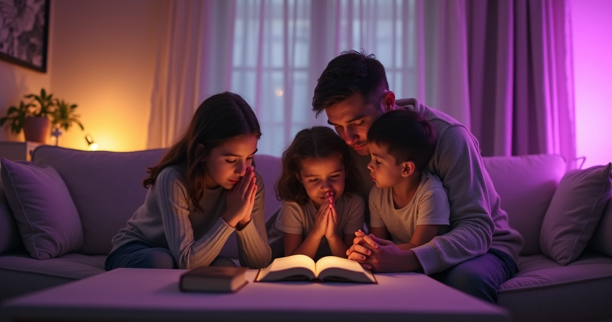 Família reunida em oração na sala com luz suave e clima de paz. 