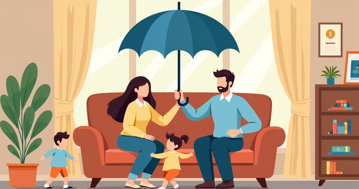 Família em casa sorrindo reunida segurando guarda-chuva azul, simbolizando proteção financeira 