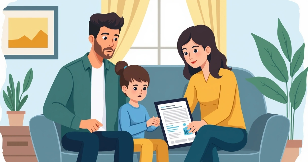 Família reunida no sofá analisando documento de seguro de vida 