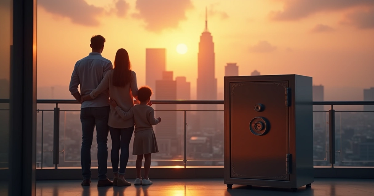 Família observando horizonte ao lado de cofre 
