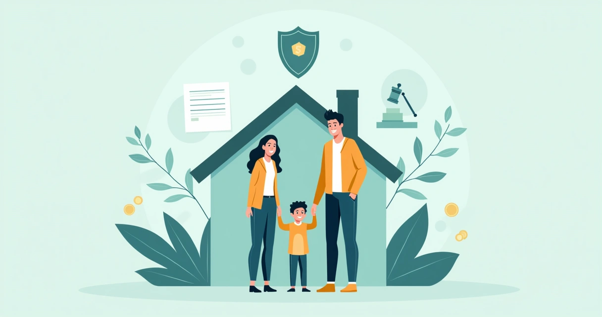 Família unida ao redor de uma casa com escudo de proteção 