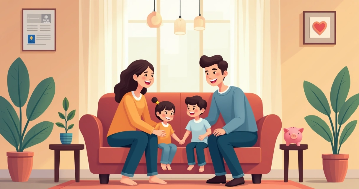 Família em casa com semblante tranquilo e ambiente acolhedor 