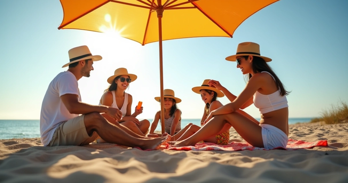 Família com adultos e crianças protegida do sol na praia 