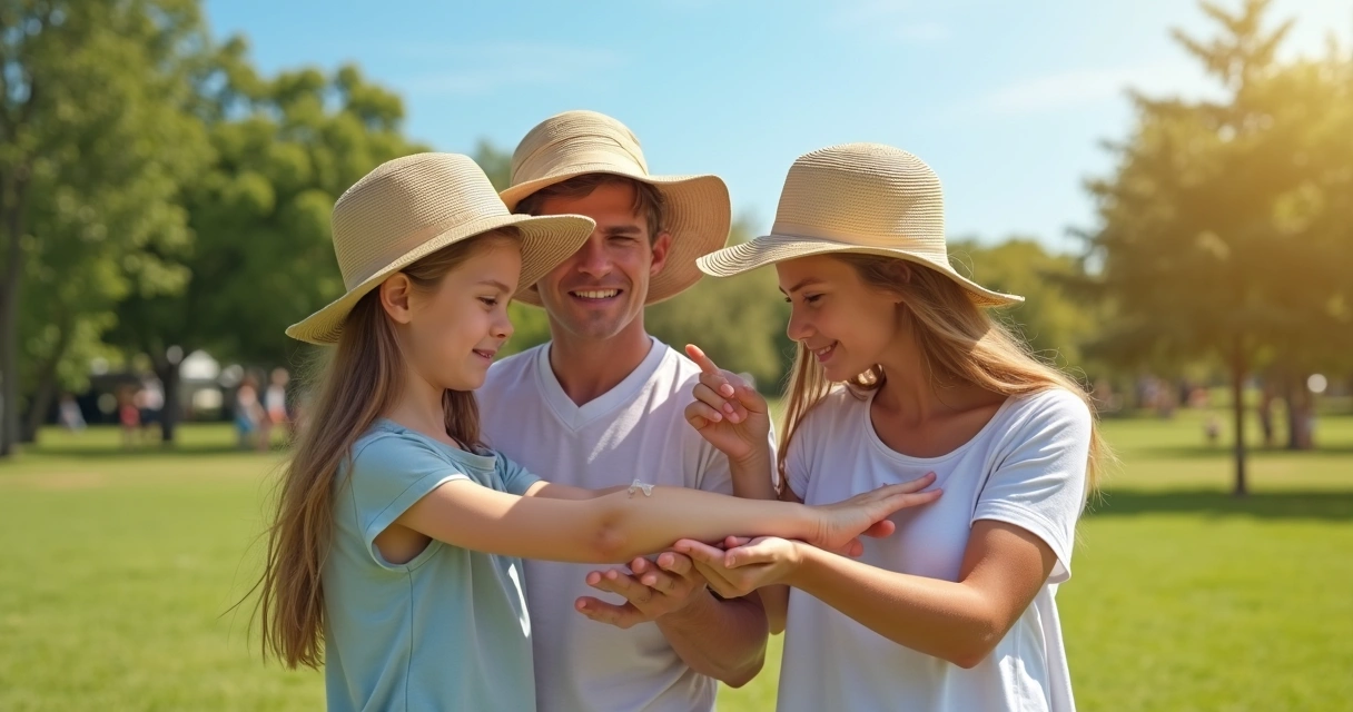 Família se protegendo do sol em parque 