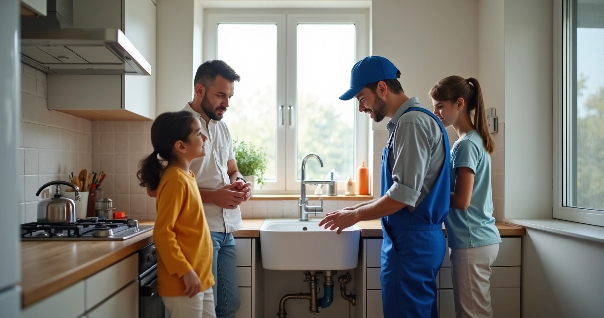 Família observa técnico a fazer manutenção em canos junto à cozinha 
