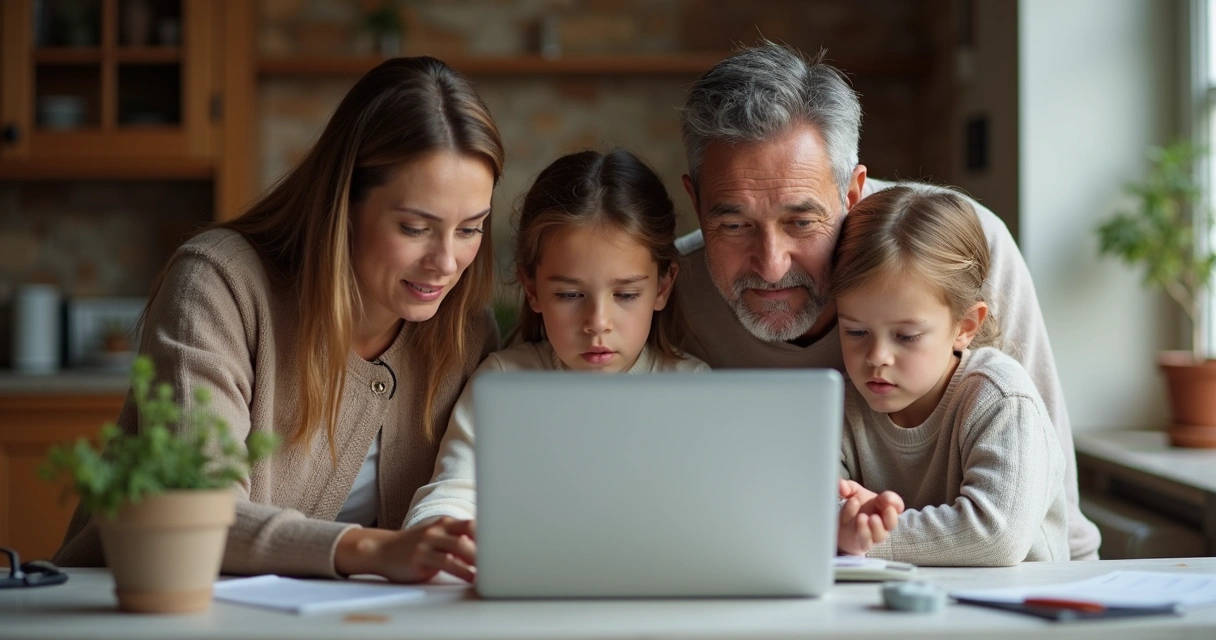 Família reunida à mesa com laptop discutindo segurança digital 