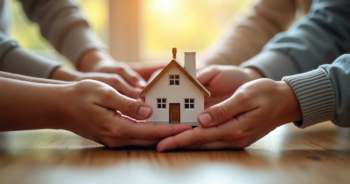 Família protegendo miniatura de casa com as mãos