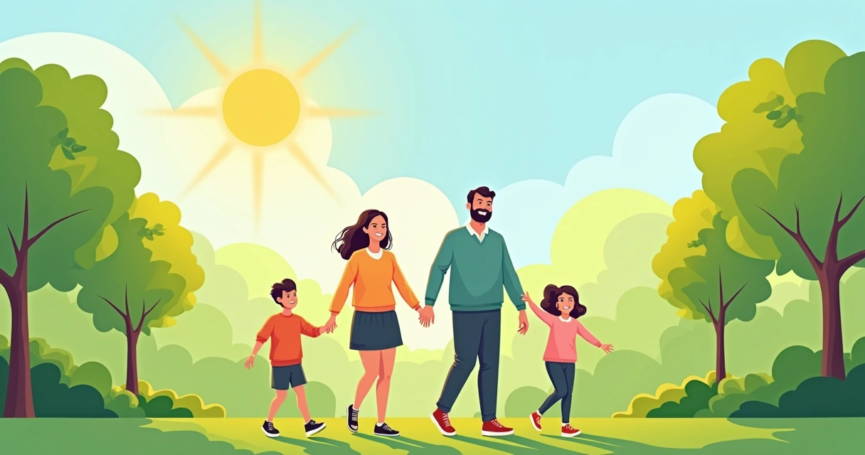 Família feliz caminhando juntos em um parque, transmitindo segurança e tranquilidade. 