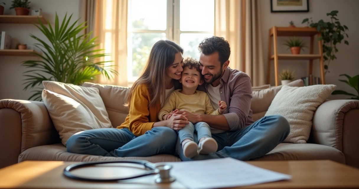Família com criança abraçada, sentados no sofá, ambiente aconchegante e seguro 