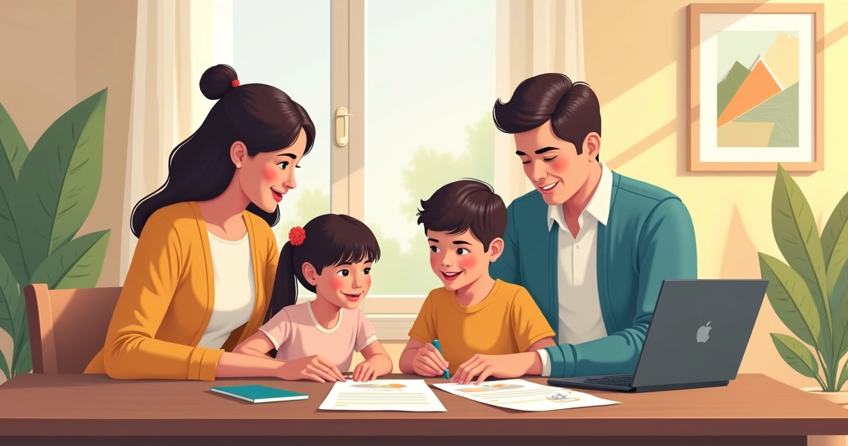 Família revisando formulário de seguro de vida juntos 
