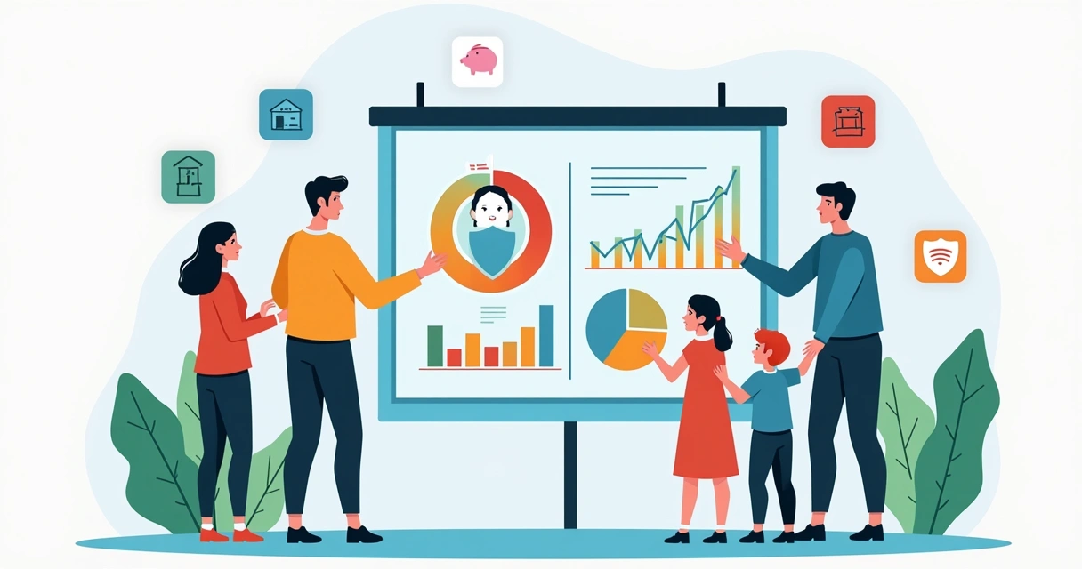 Família reunida olhando para gráficos de investimento com símbolos de proteção 