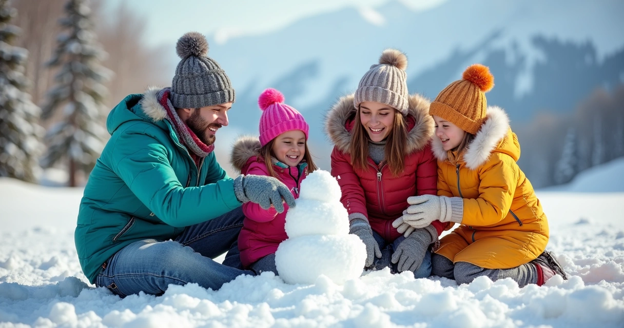 Pais e filhos sorrindo usando roupas de frio em cenário de neve