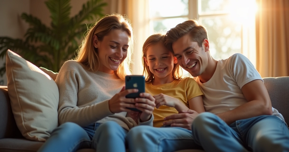 Família sorrindo enquanto acessa aplicativo financeiro no celular 