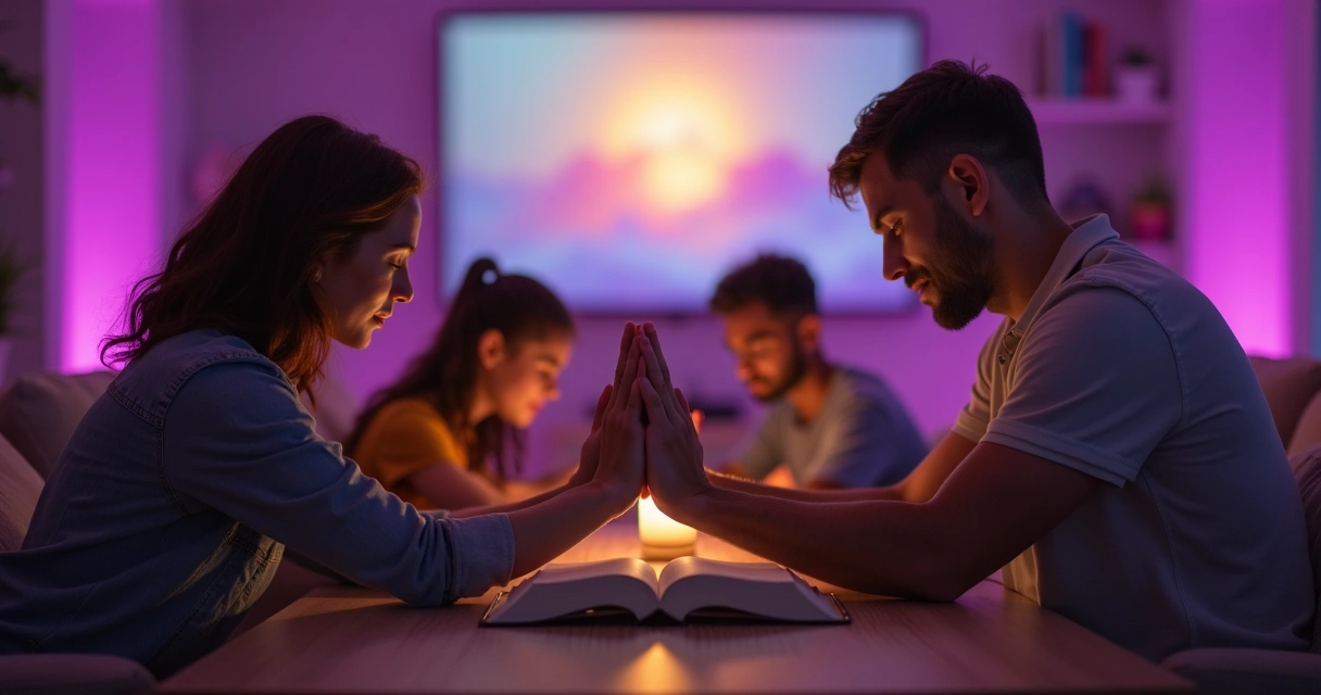 Família reunida de mãos dadas em oração com luz roxa suave 
